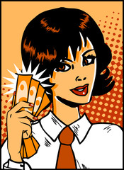 Pop Art Business Woman with money in hand. Vintage Comic Backgro