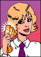 Fototapete Comics Pop-Art-Geschäftsfrau mit Geld in der Hand. Vintage Comic-Hintergrund
