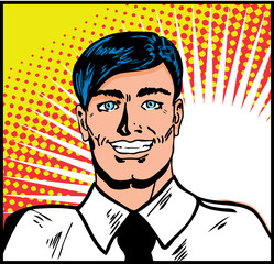 Satisfied smiling businessman. Pop Art Smiley Man