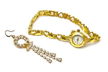 Gold watch and earring