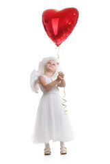a little girl dressed as an angel with a balloon