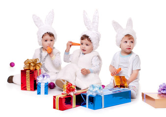 three new year rabbit boy with gifts