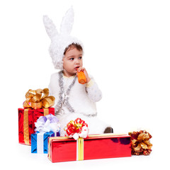 new year rabbit boy with gifts