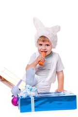 new year rabbit boy with gifts