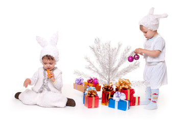 two new year rabbit boy with gifts