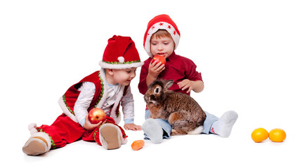 Two kids in Santa hats with a rabbit
