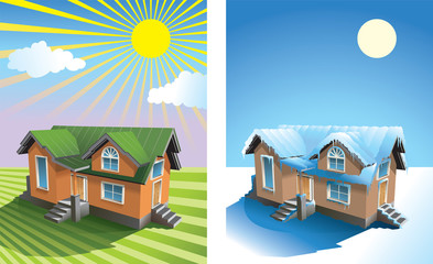 Two season: small house in summer and in winter, vector