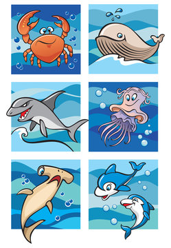 Marine life: sea inhabitants, 6 cartoon pictures, vector
