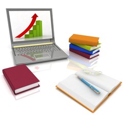 Laptop, books and others tools for work