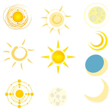 Vector set of cute suns and moons