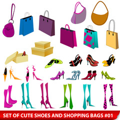 Set of elegant shoes and shopping bags illustration