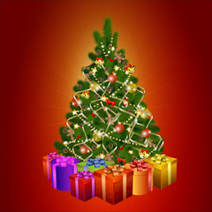 Fototapeta na wymiar Christmas tree with gift boxes on red background