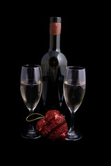 Wine bottle and glasses with red heart