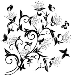 Naklejka premium pattern of flowering bush with butterflies