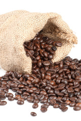 Coffee beans in canvas sack on white background