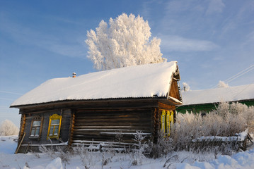 Winter landscape with old wooden house and frozen tree