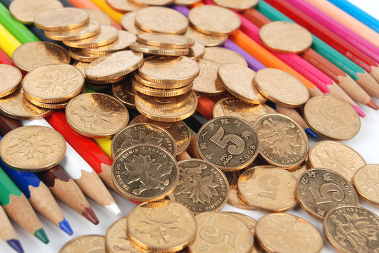 Color pencil and coins