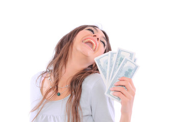 Young lady holding cash and smiling