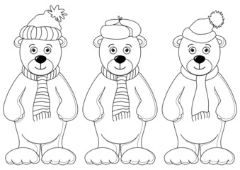 Teddy bears in winter costume, contours