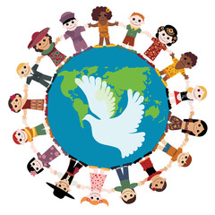 Happy children holding hands around the globe - 28446209