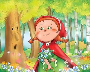 Crédence de cuisine en verre imprimé Animaux de la forêt Le petit chaperon rouge cueille des fleurs dans les bois