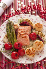 Grilled trout with vegetables, scallops and couscous