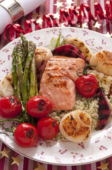 Grilled trout with vegetables and couscous for holiday party