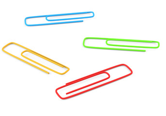 Color paper clips isolated on white background