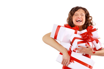 picture of cheerful santa helper girl with gift box