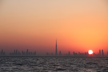 Sunrise Dubai City Skyline from the Arabian Gulf
