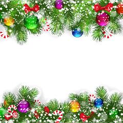 Christmas background with decorated branches of Christmas tree.