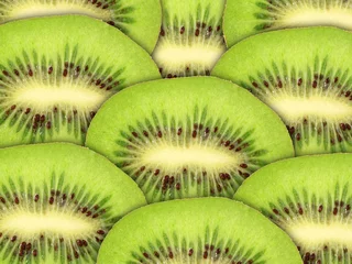 Tableaux ronds sur aluminium brossé Tranches de fruits Abstrait vert avec des tranches de kiwi cru
