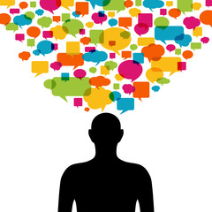 Thinking man silhouette with thought colorful bubbles