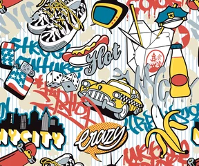 Fotobehang Doodle NY stad, stedelijke elementen naadloze collage