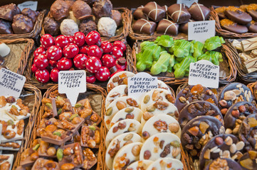 Chocolate store in Boqueria Market at Ramblas in Barcelona