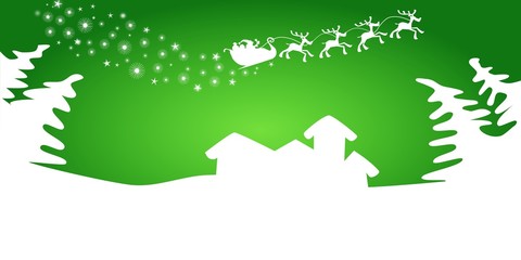 Christmas background in green with Santa and small town