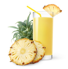 Isolated fruit drink. Glass of pineapple juice and slices of pineapple isolated on white background © ChaoticDesignStudio