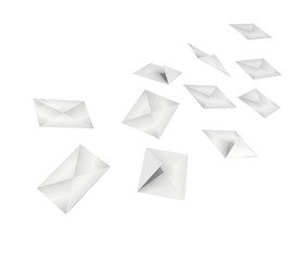 3d flying white envelopes on white background