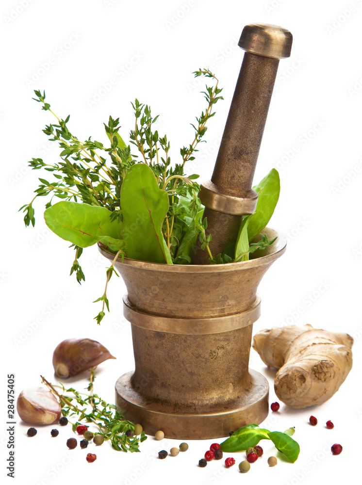 Wall mural mortar with herbs isolated