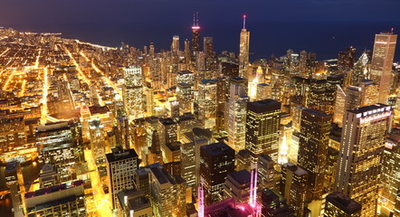 View to Downtown Chicago / USA from high above at twilight