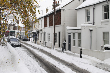 Snow on street in Broadwater. Worthing. West Sussex. England