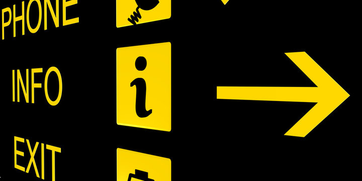 airport info sign in black and yellow