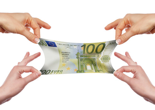 Several hands stretch of banknotes