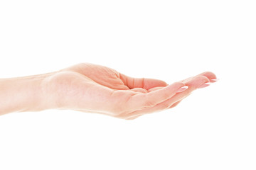 Woman hand reaching out for something isolated on white