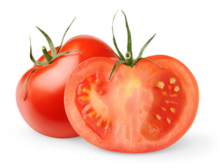 Isolated tomato. One and a half fresh tomatoes isolated on white background