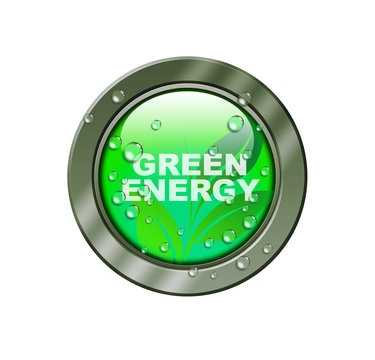 GREEN ENERGY button with leaves and waterdrops
