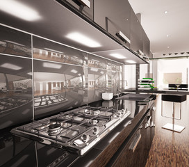 Moderne Küche mit gas-kochfeld Interior 3d render