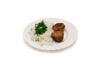 rice with meat and green onions isolated on white
