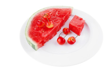 watermelon slice and cherrys on white
