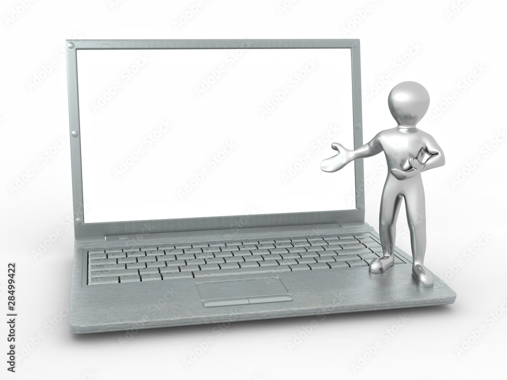Poster man with laptop on white isolated background